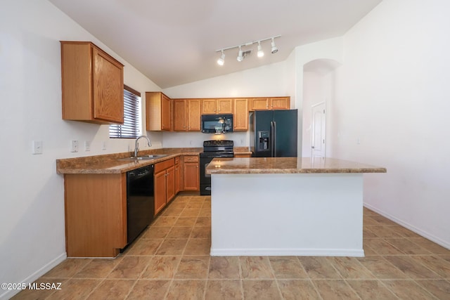 kitchen with a kitchen island, baseboards, lofted ceiling, black appliances, and a sink