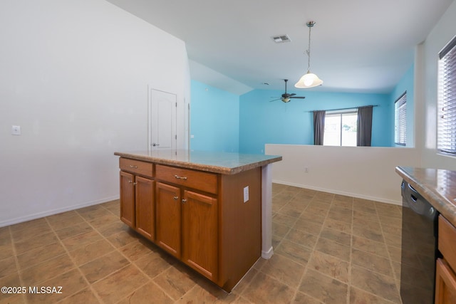 kitchen featuring visible vents, brown cabinets, a ceiling fan, decorative light fixtures, and black dishwasher