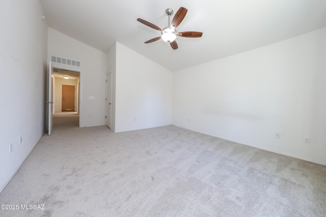 unfurnished room with visible vents, high vaulted ceiling, ceiling fan, and carpet flooring