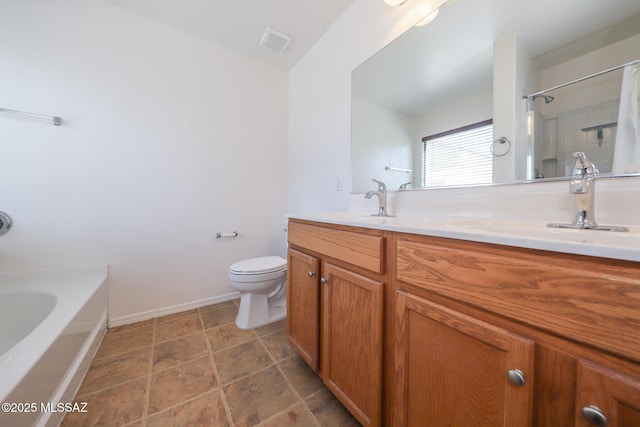 full bath featuring vanity, a tub to relax in, visible vents, a shower, and toilet