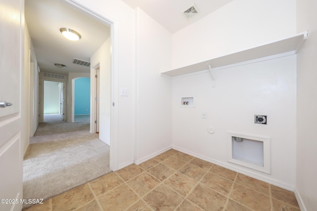 laundry room featuring visible vents, hookup for a gas dryer, light colored carpet, and hookup for a washing machine