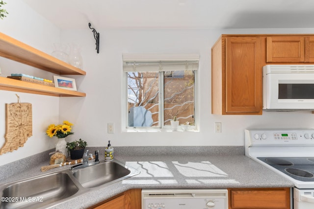 kitchen featuring white appliances, brown cabinetry, light countertops, and a sink