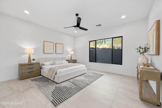 bedroom with recessed lighting, visible vents, baseboards, and a ceiling fan