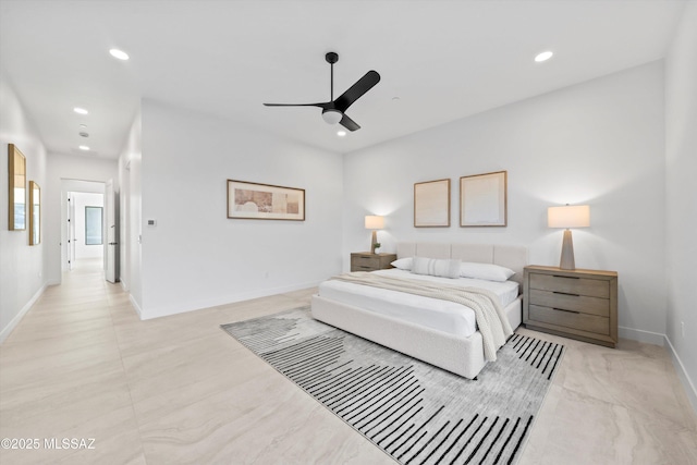 bedroom with recessed lighting, a ceiling fan, and baseboards