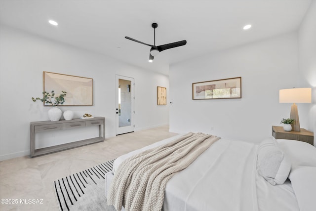 bedroom featuring recessed lighting, baseboards, and a ceiling fan