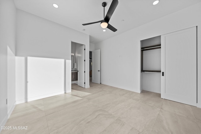 unfurnished bedroom featuring recessed lighting, connected bathroom, and ceiling fan