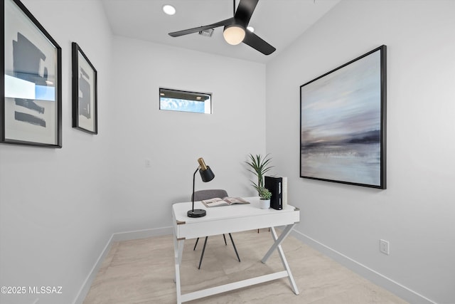 home office with recessed lighting, baseboards, and ceiling fan