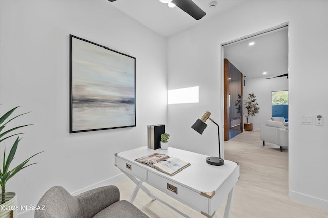 office space featuring recessed lighting, baseboards, and ceiling fan