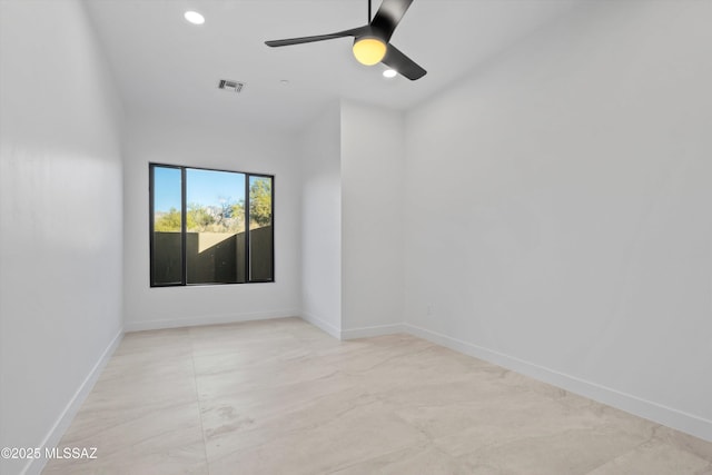 unfurnished room featuring recessed lighting, visible vents, ceiling fan, and baseboards