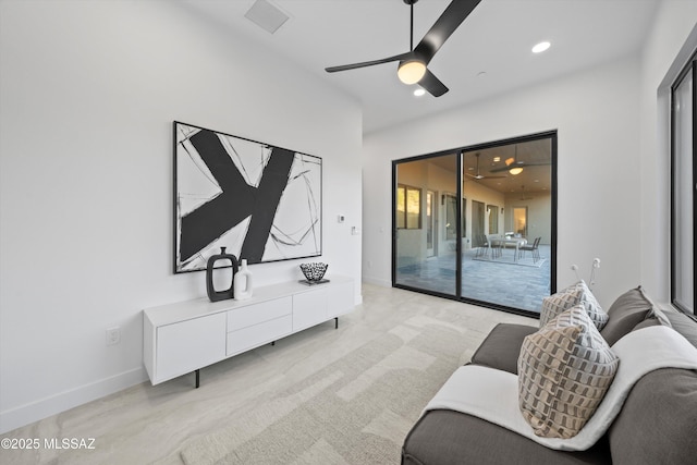 living room featuring recessed lighting, visible vents, ceiling fan, and baseboards