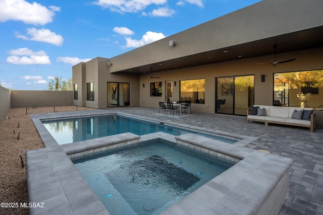 view of pool with a patio area, a fenced backyard, an outdoor hangout area, and a ceiling fan