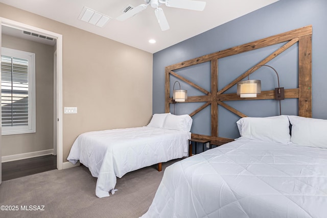 carpeted bedroom with recessed lighting, visible vents, baseboards, and a ceiling fan