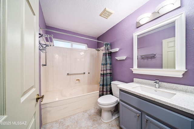 bathroom featuring visible vents, toilet, shower / tub combo with curtain, a textured ceiling, and vanity