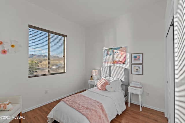 bedroom with baseboards and wood finished floors