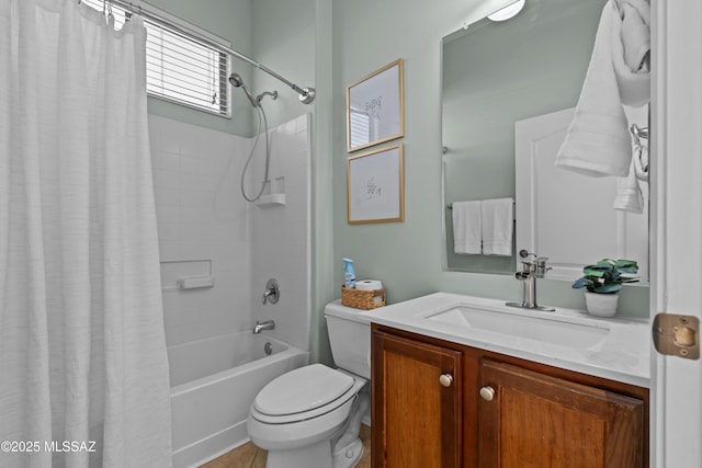 full bathroom with shower / bathtub combination with curtain, toilet, vanity, and tile patterned flooring