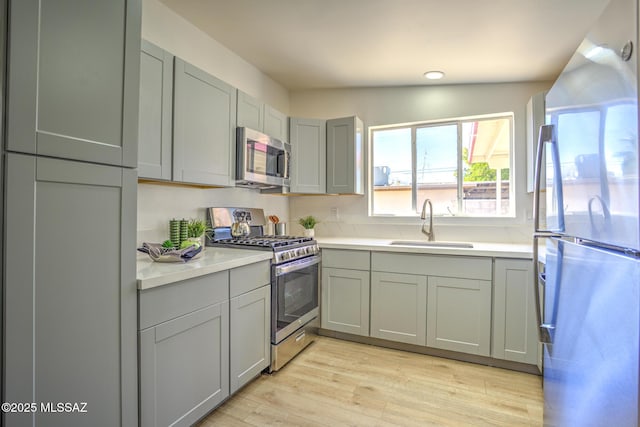 kitchen featuring stainless steel appliances, gray cabinetry, light wood finished floors, a sink, and light countertops