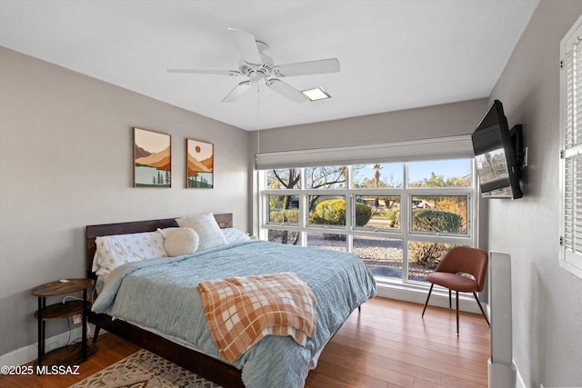 bedroom featuring multiple windows, wood-type flooring, and baseboards