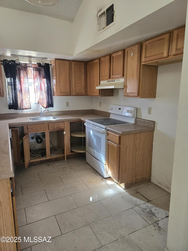 kitchen with brown cabinetry, visible vents, a sink, electric stove, and under cabinet range hood