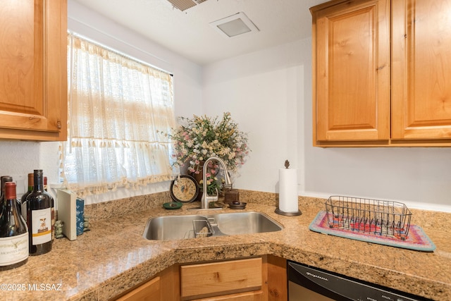 kitchen featuring stainless steel dishwasher, tile countertops, light brown cabinets, and a sink