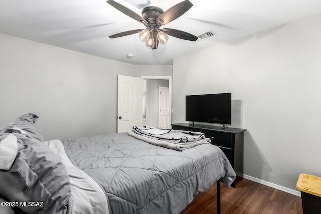 bedroom with visible vents, baseboards, wood finished floors, and a ceiling fan