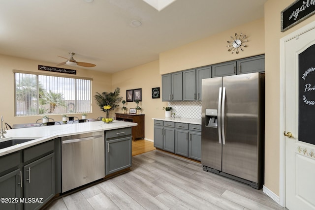 11219 N Platte Dr, Oro Valley, AZ 85737 - kitchen with decorative backsplash, appliances with stainless steel finishes, light countertops, and gray cabinetry
