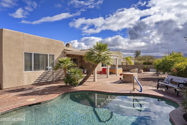 11219 N Platte Dr, Oro Valley, AZ 85737 - view of pool featuring a fenced in pool, a patio area, a pergola, and a fire pit