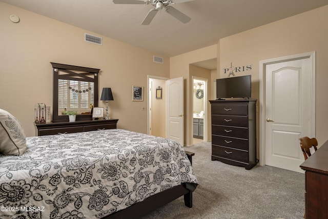 11219 N Platte Dr, Oro Valley, AZ 85737 - bedroom with visible vents, ceiling fan, and carpet