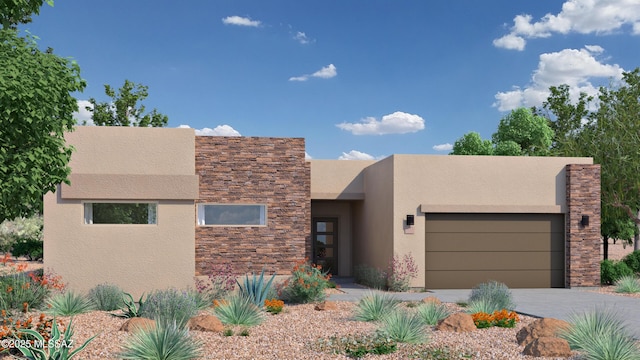 view of front of property featuring stucco siding, stone siding, a garage, and concrete driveway