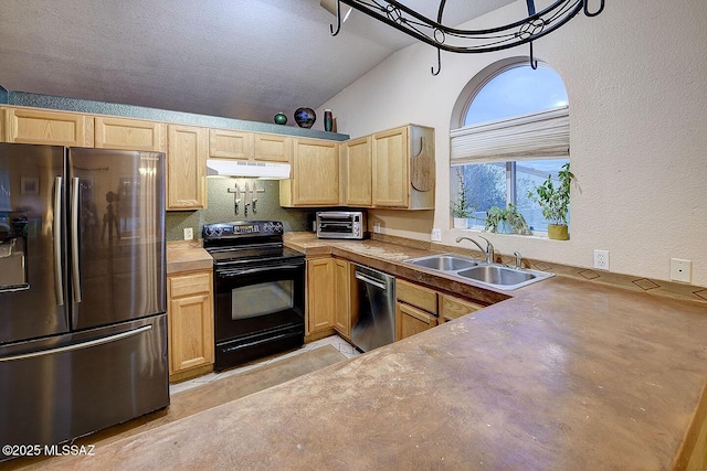 kitchen featuring under cabinet range hood, light brown cabinets, appliances with stainless steel finishes, and a sink