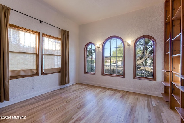 empty room featuring baseboards, light wood-style flooring, and a textured wall