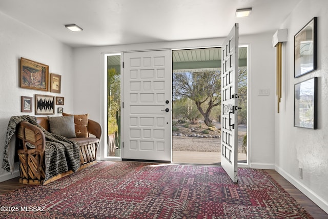 foyer entrance featuring baseboards and wood finished floors