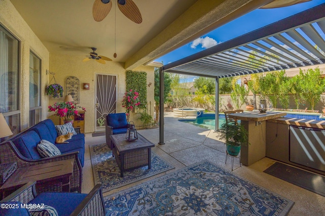 view of patio with a fenced in pool, an outdoor hangout area, and a fenced backyard