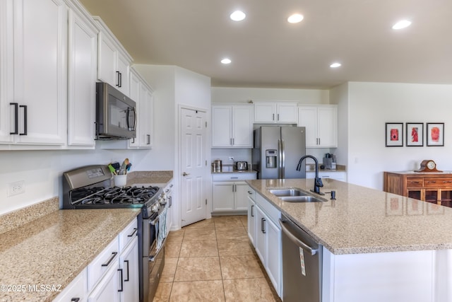 kitchen featuring recessed lighting, white cabinets, appliances with stainless steel finishes, and a sink