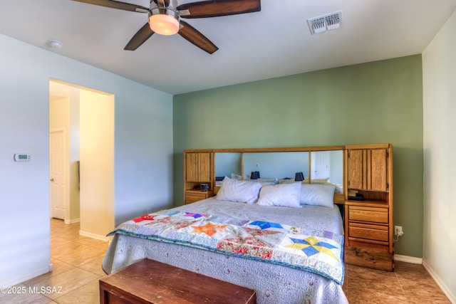 bedroom featuring a ceiling fan, light tile patterned floors, baseboards, and visible vents