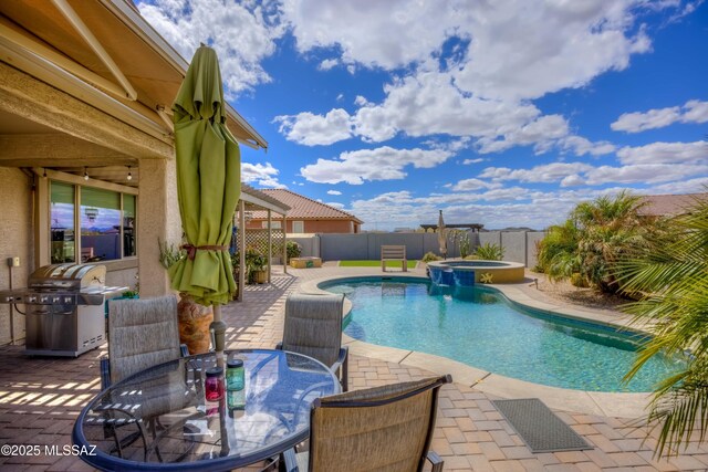 view of swimming pool featuring a patio, area for grilling, outdoor dining area, a fenced backyard, and a pool with connected hot tub