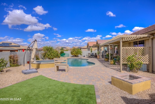 view of pool featuring a fenced in pool, an in ground hot tub, a fenced backyard, and a pergola