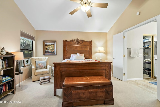 bedroom featuring lofted ceiling, a ceiling fan, a closet, carpet, and baseboards