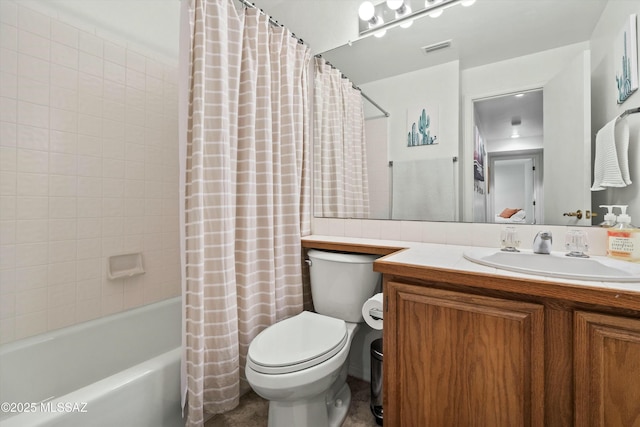 full bath featuring visible vents, toilet, vanity, and shower / bathtub combination with curtain