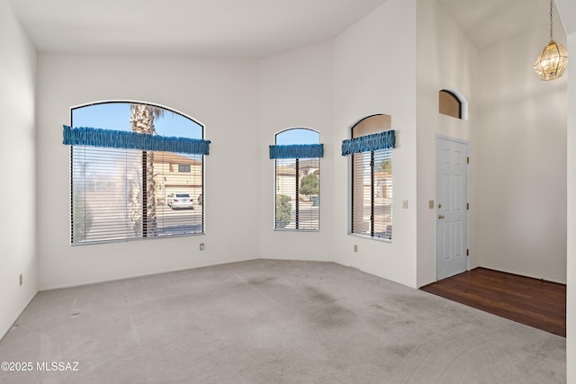 carpeted foyer entrance featuring high vaulted ceiling