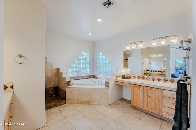 full bath with vanity, visible vents, a walk in shower, tile patterned floors, and a bath