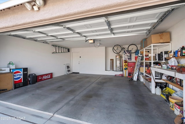 garage with gas water heater and a garage door opener