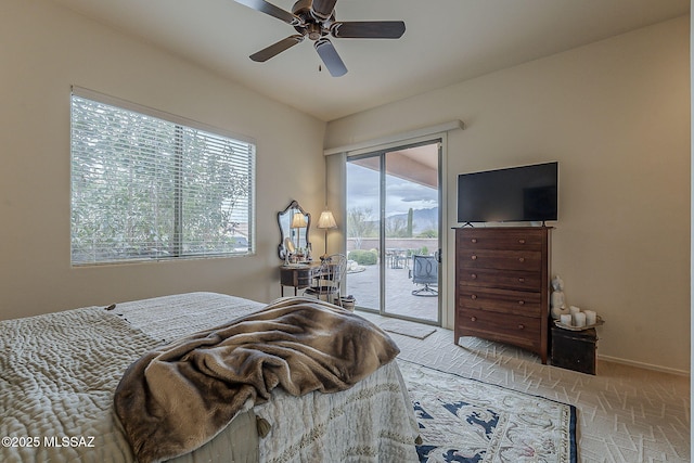 bedroom with baseboards, ceiling fan, carpet flooring, and access to outside