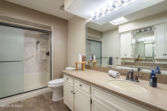 bathroom featuring tile patterned floors, a shower stall, toilet, and vanity