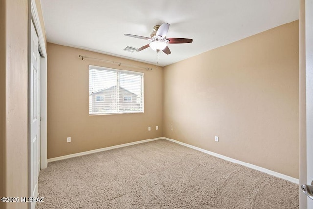 unfurnished bedroom with visible vents, baseboards, ceiling fan, and carpet flooring