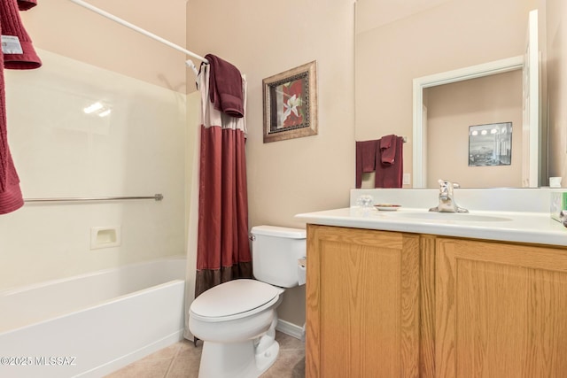 full bathroom with tile patterned flooring, shower / bath combination with curtain, toilet, and vanity