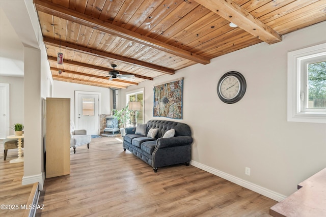 interior space with baseboards, wood ceiling, a wood stove, and light wood finished floors