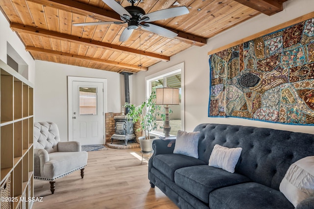 living room featuring beamed ceiling, a ceiling fan, wood finished floors, wooden ceiling, and a wood stove