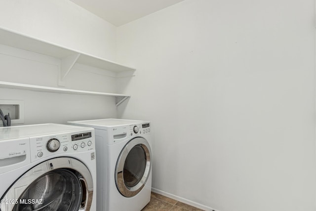 laundry area featuring laundry area, baseboards, and washing machine and clothes dryer