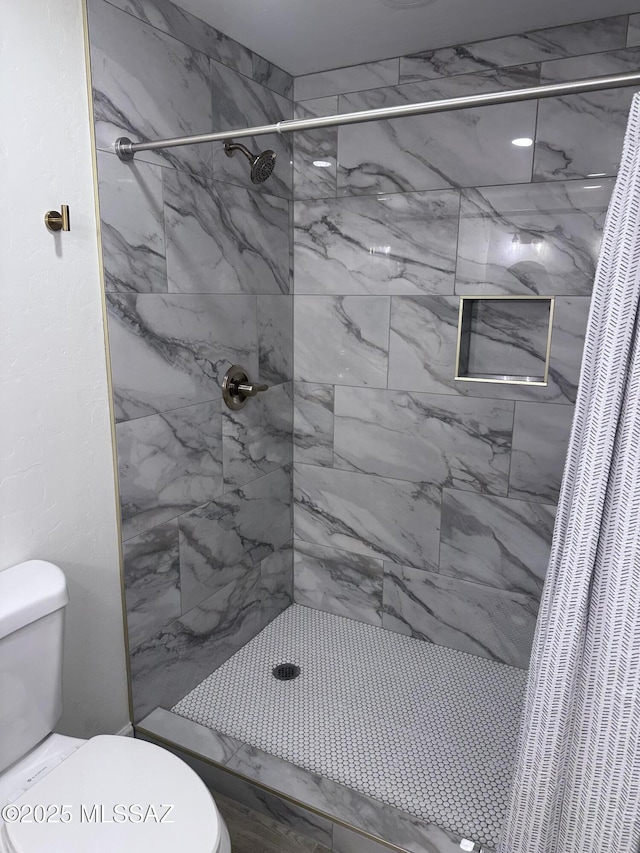 bathroom featuring a shower stall and toilet