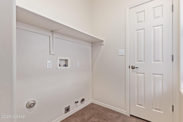 clothes washing area with hookup for a gas dryer, baseboards, hookup for an electric dryer, hookup for a washing machine, and laundry area